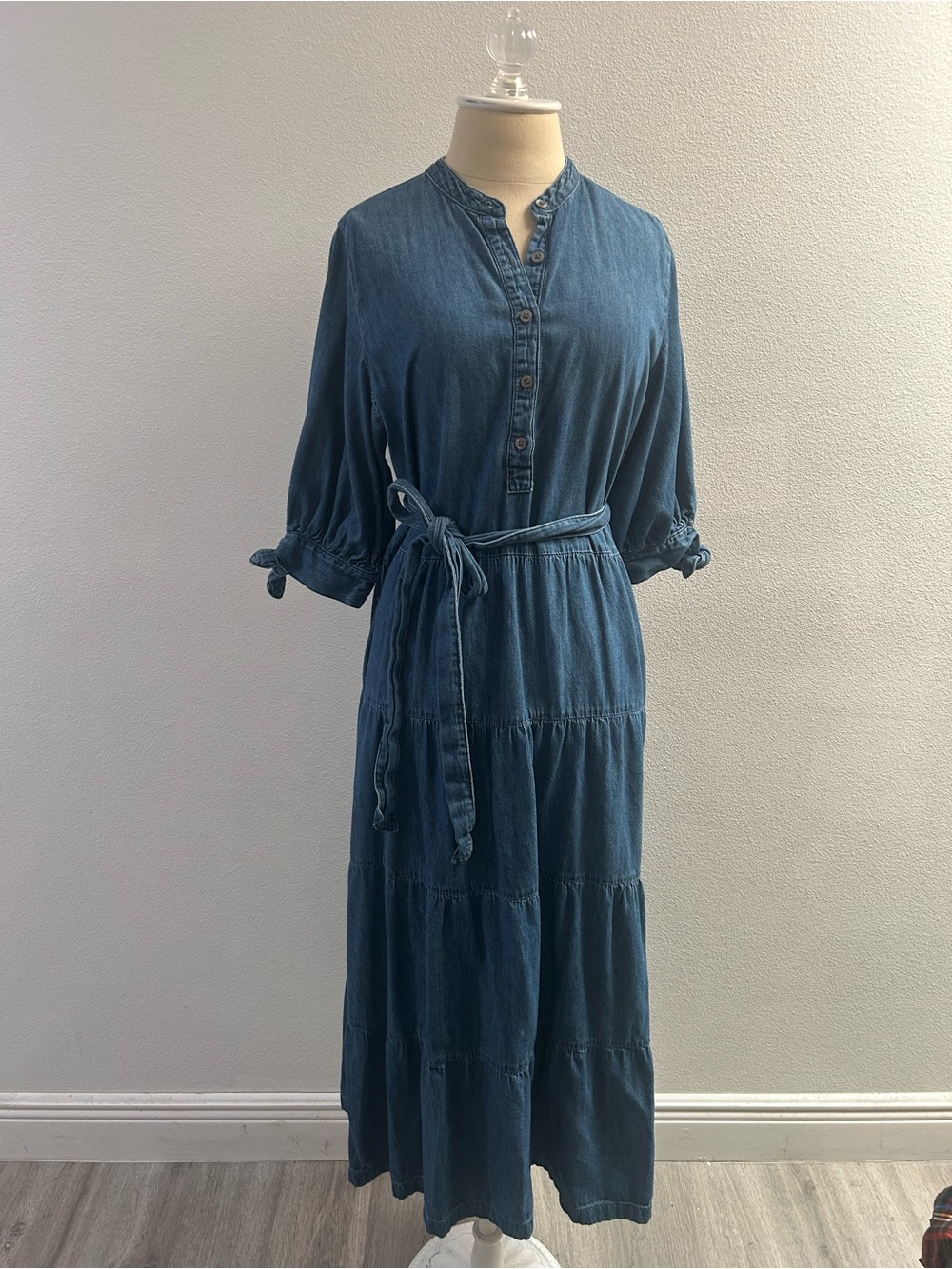 GAP Blue Denim Maxi Dress with Tie Waist size small